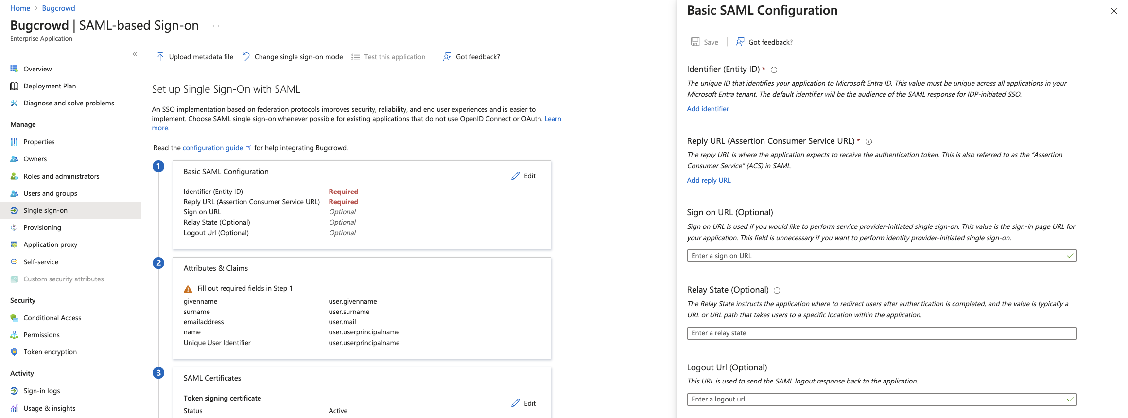 SAML settings in Azure
