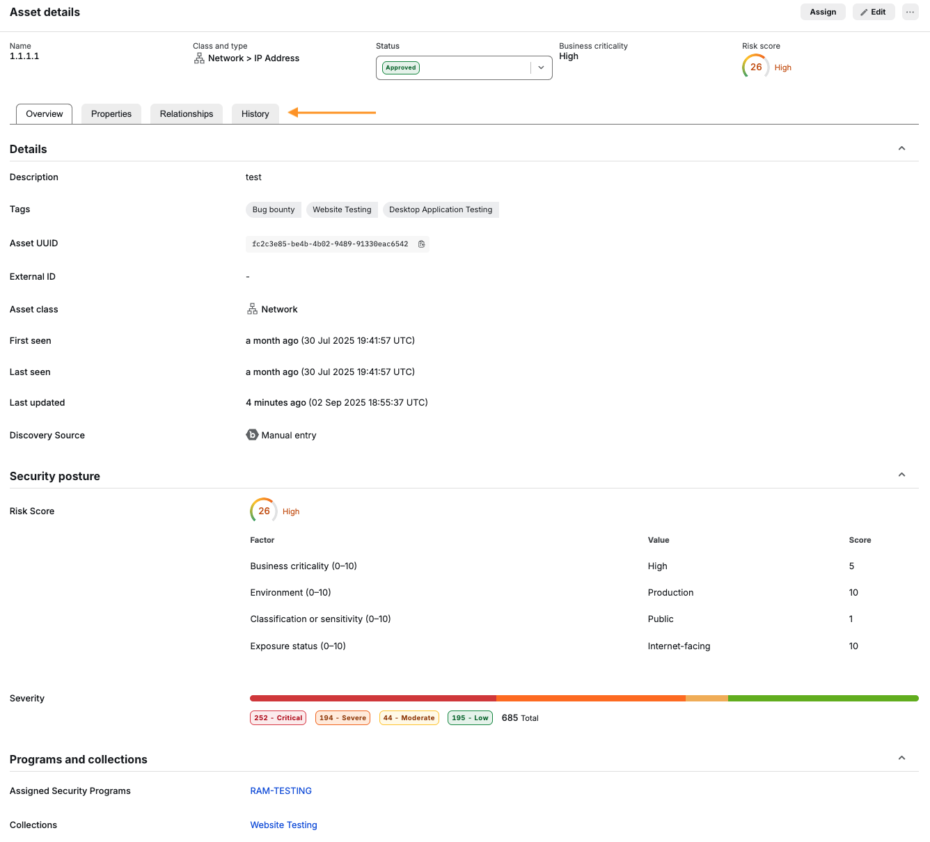 Asset details tabs