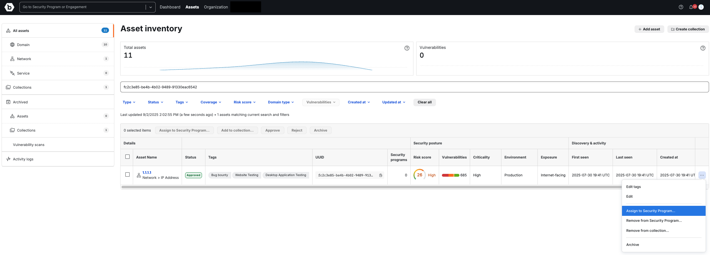 Assign to Security Program from asset inventory