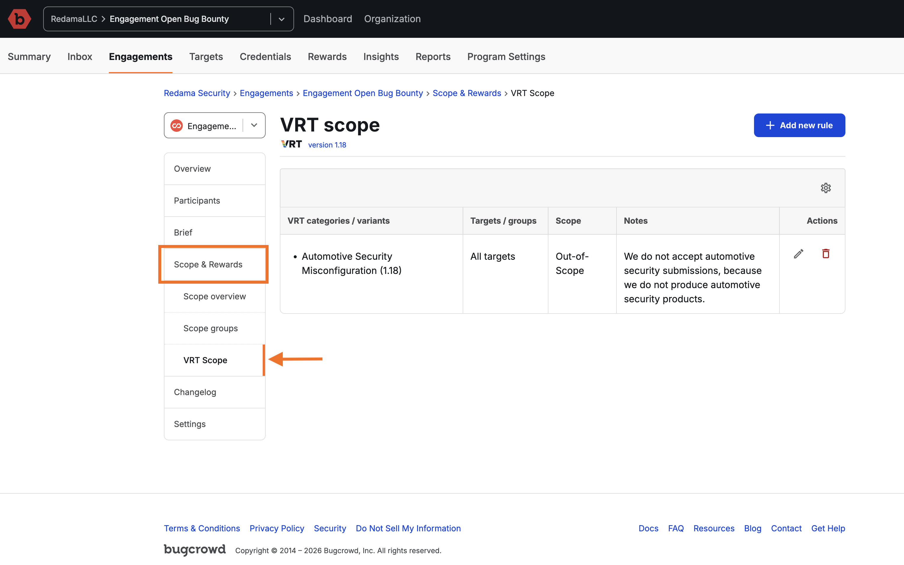 engagement scope section, vrt scope sub-section