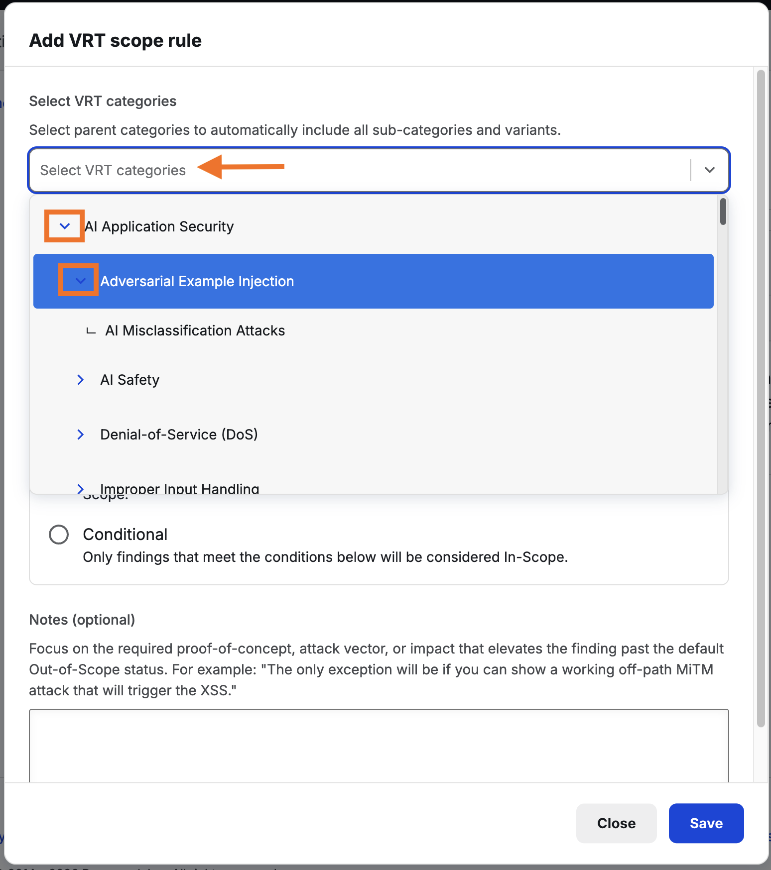 vrt scope sub-section, select applicable VRT items