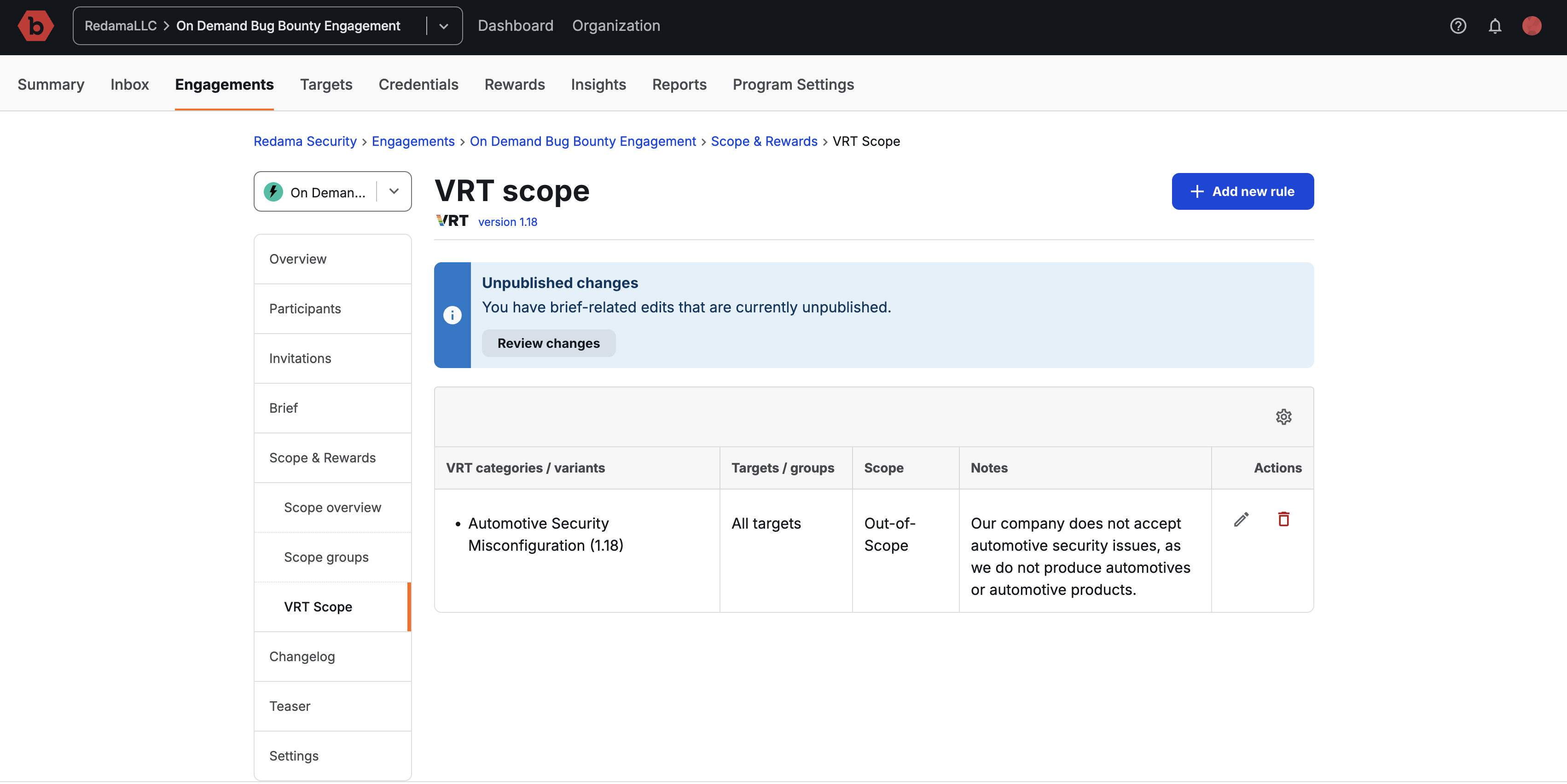 engagement vrt scope settings page