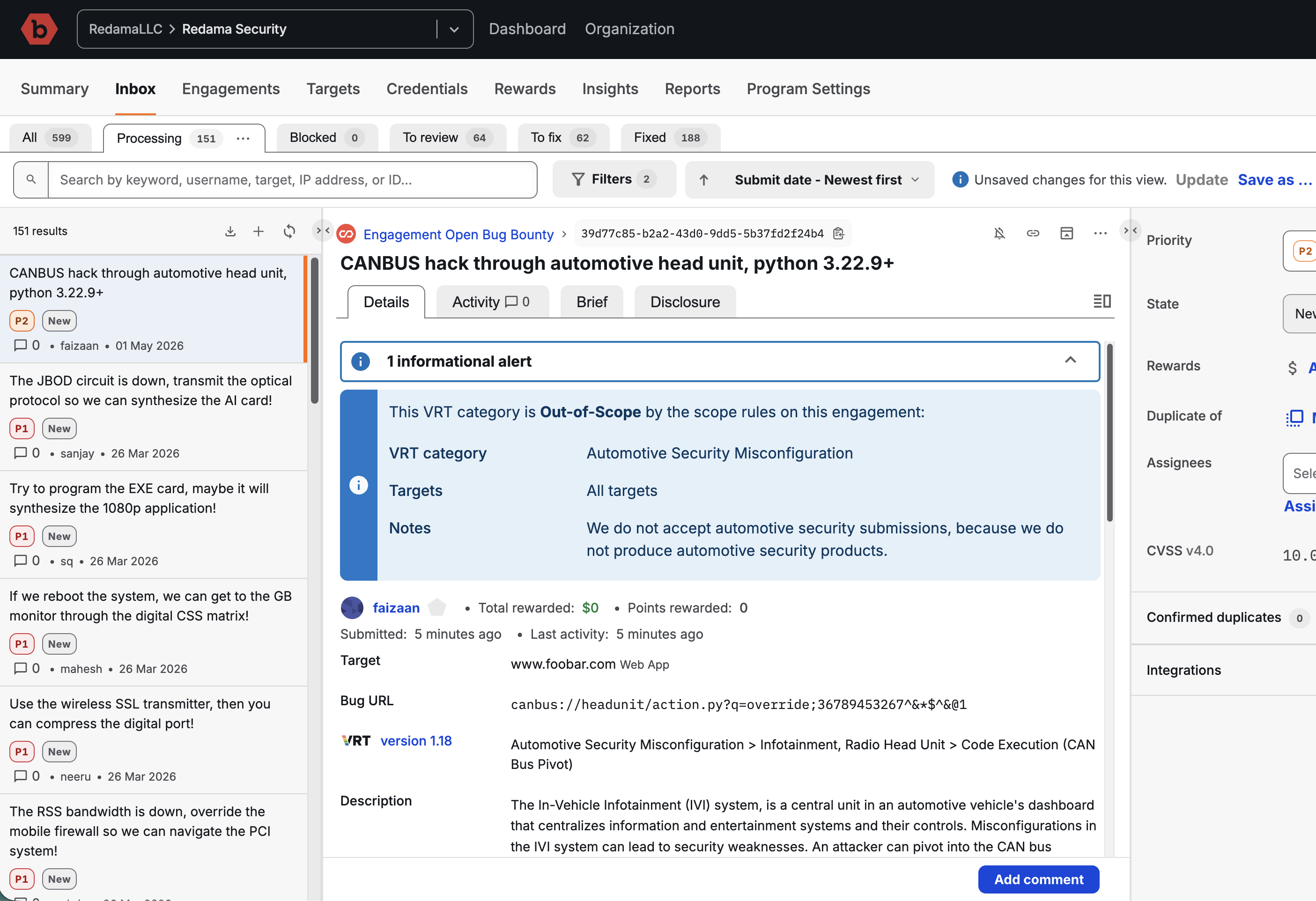 security inbox showing scope exclusions