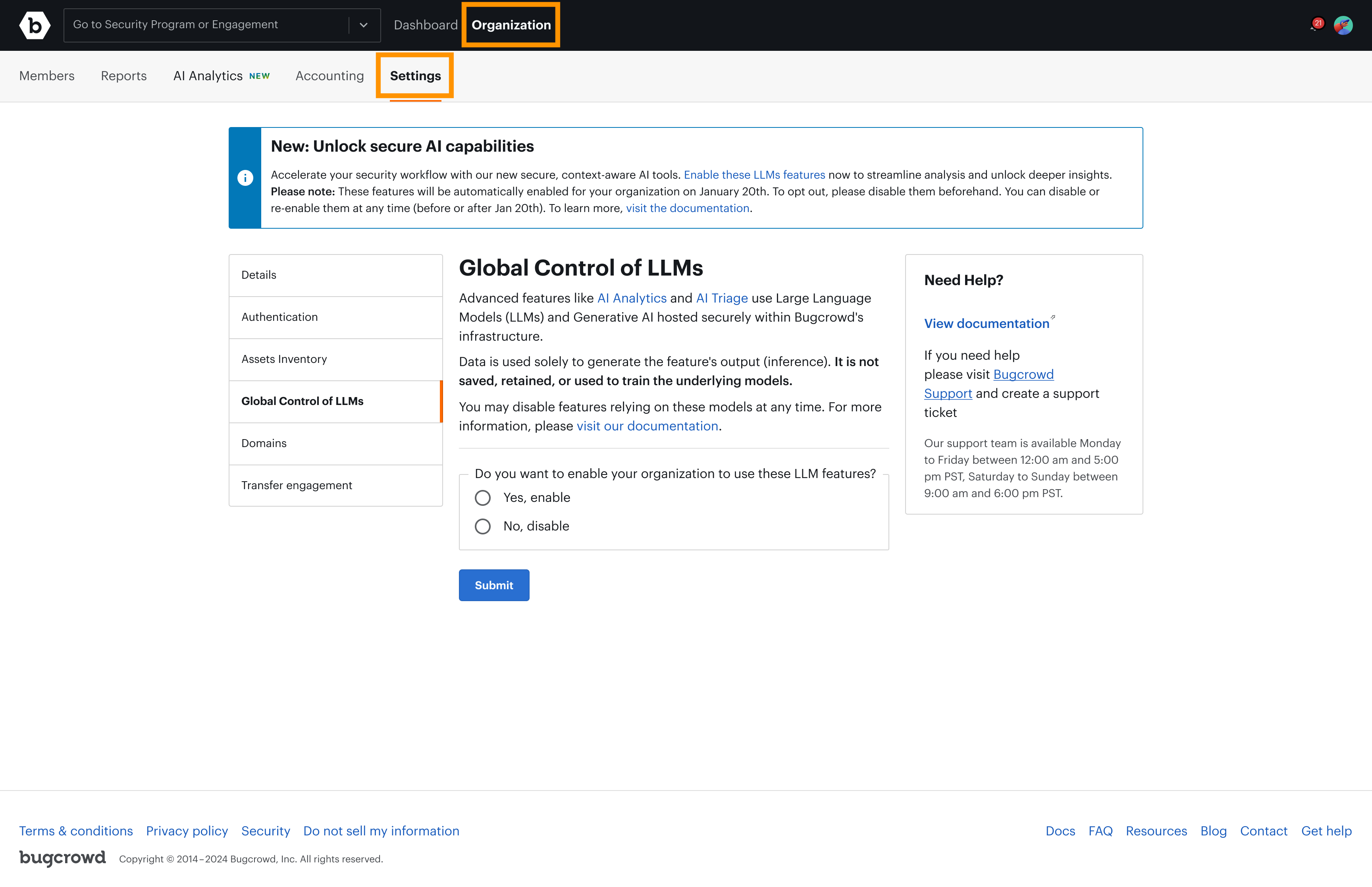 Screenshot of navigation to Organization > Settings