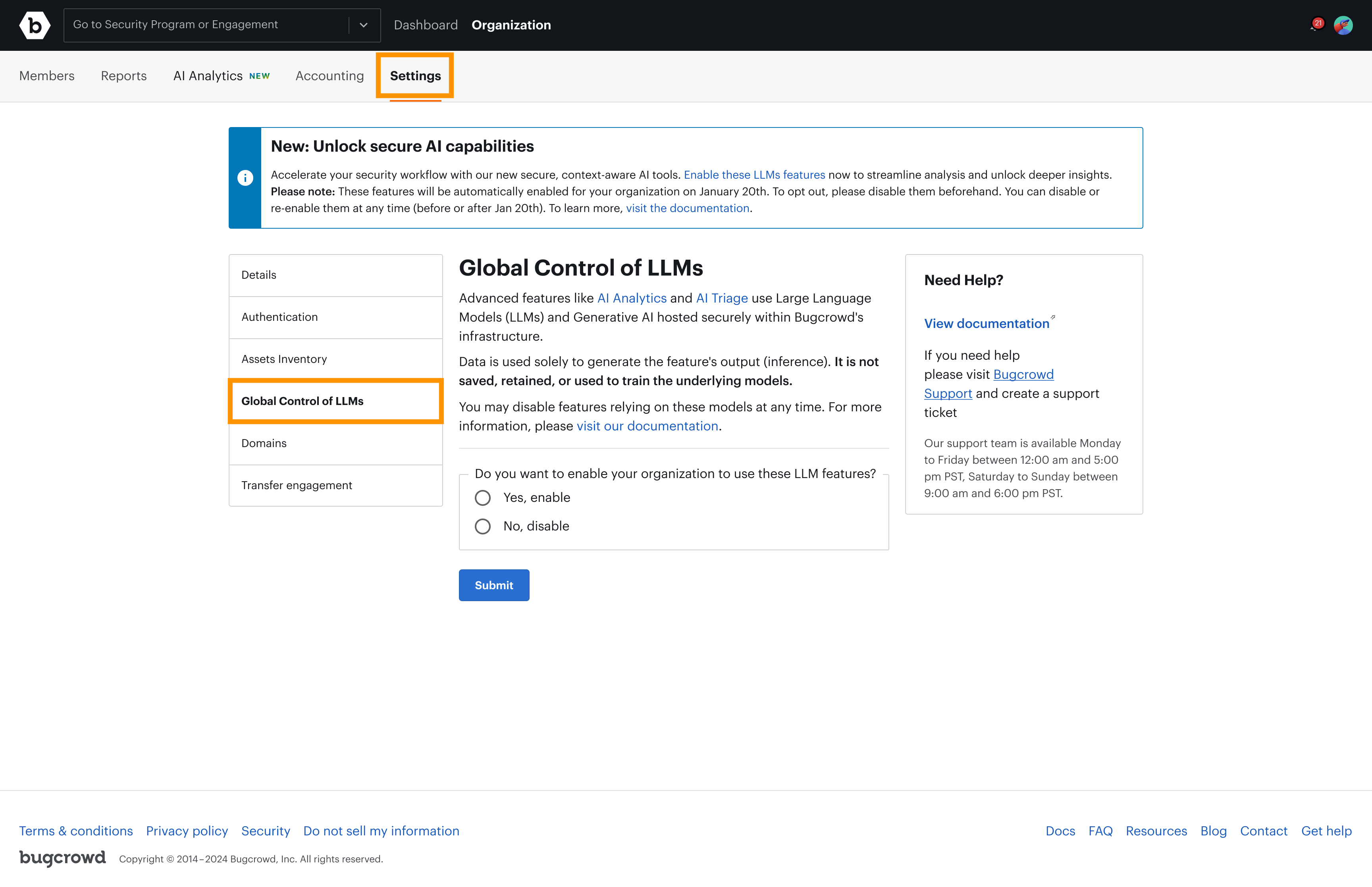 Screenshot showing Global Control of LLMs section