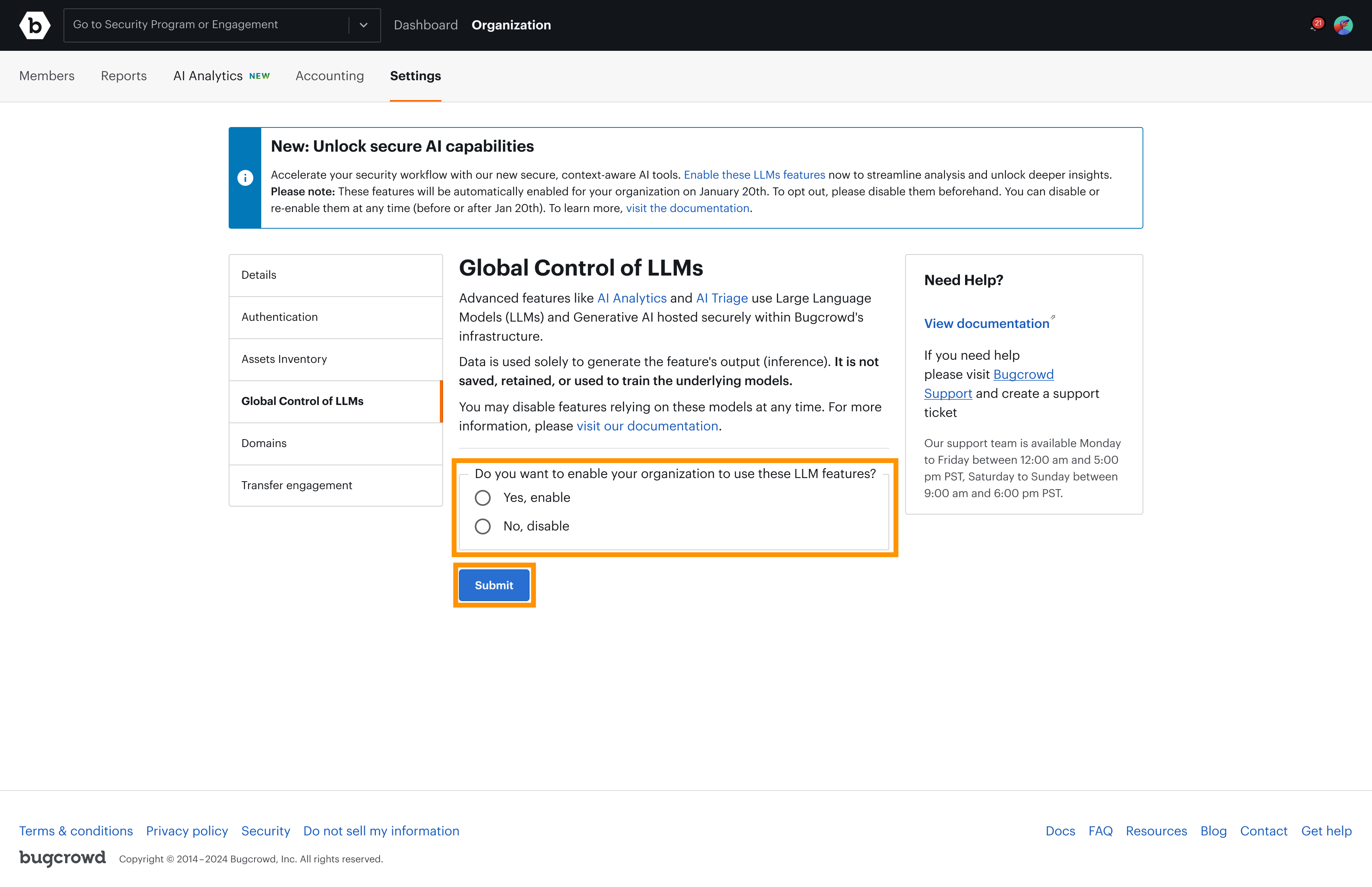 Screenshot showing toggle and Submit button