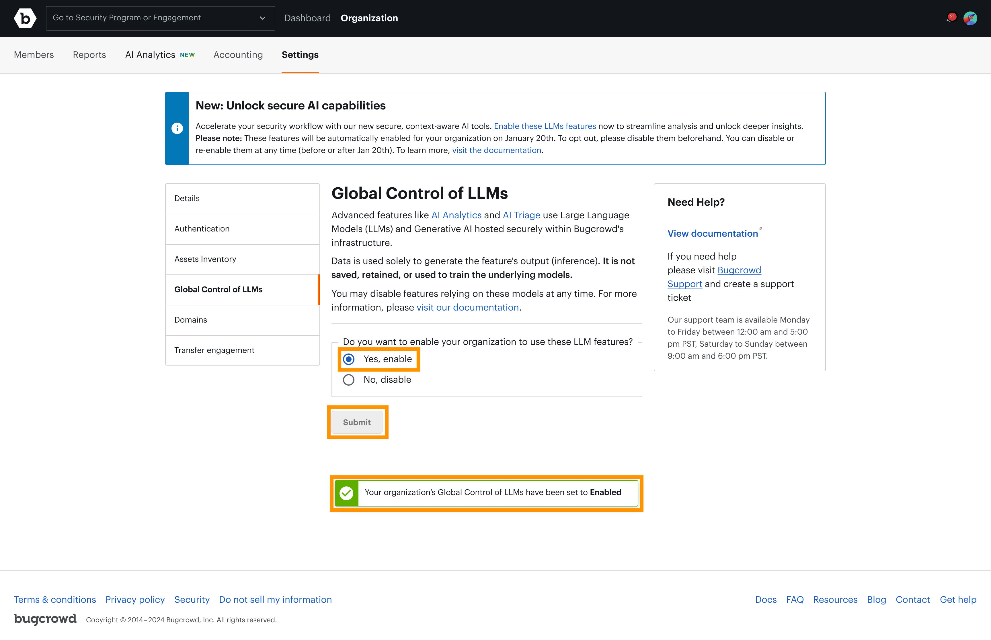Screenshot of confirmation page after enabling