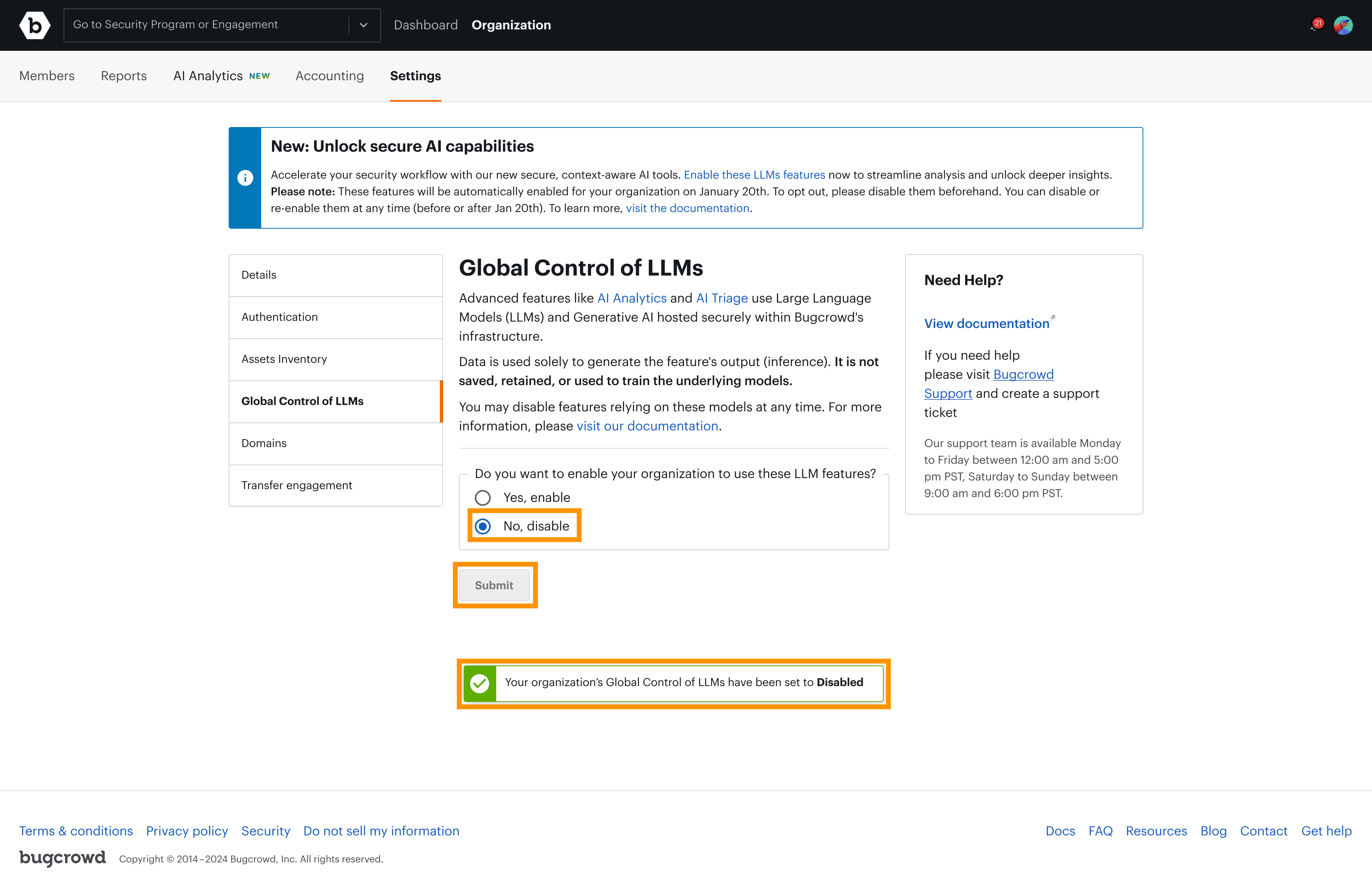 Screenshot of confirmation page after disabling