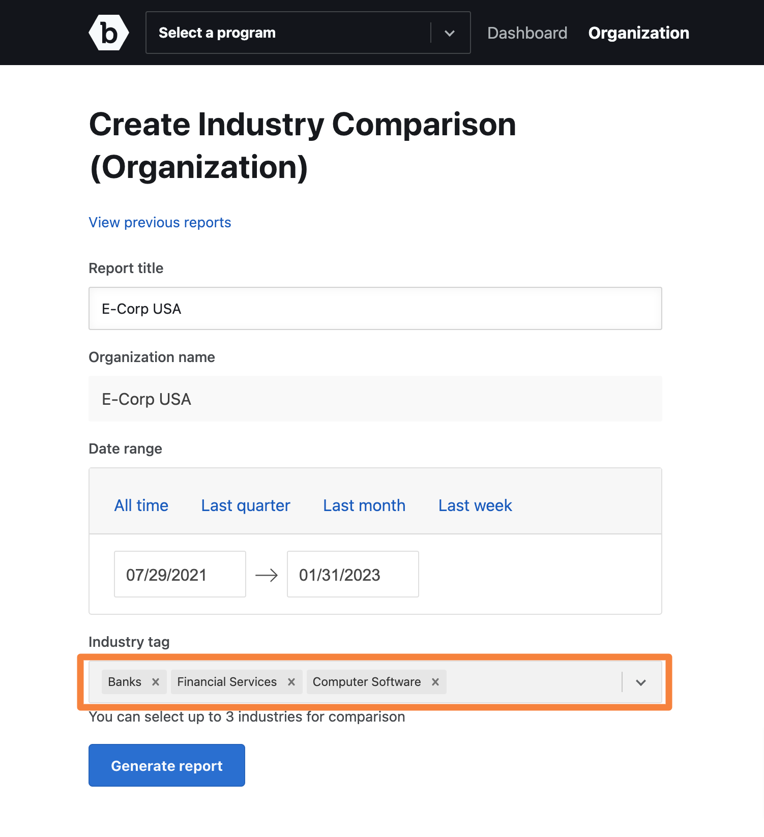 create org versus industry comparison report page