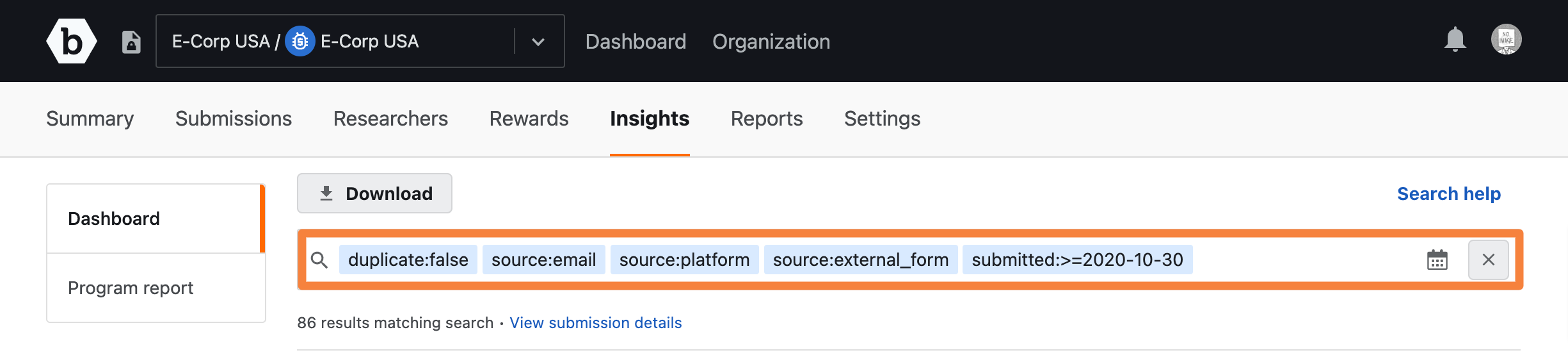 Insights Dashboard Filtering