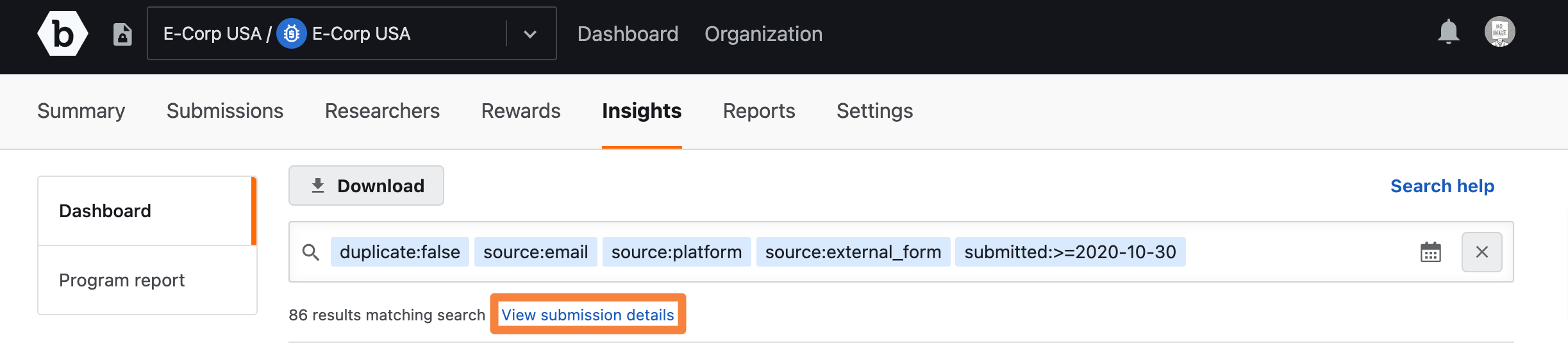 Insights Dashboard Filtering