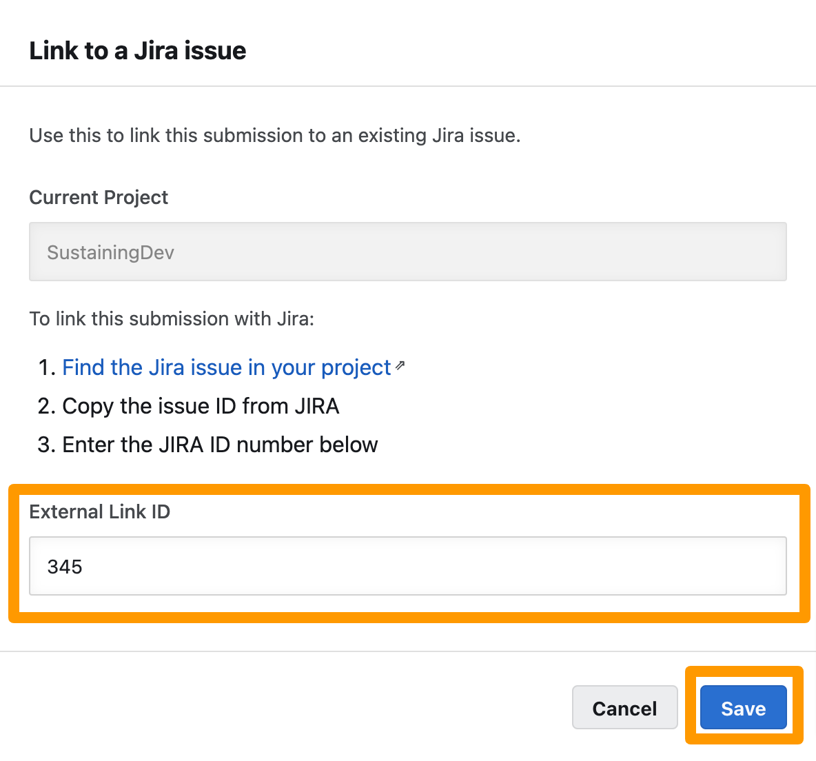 In External Link ID, enter the Jira issue ID