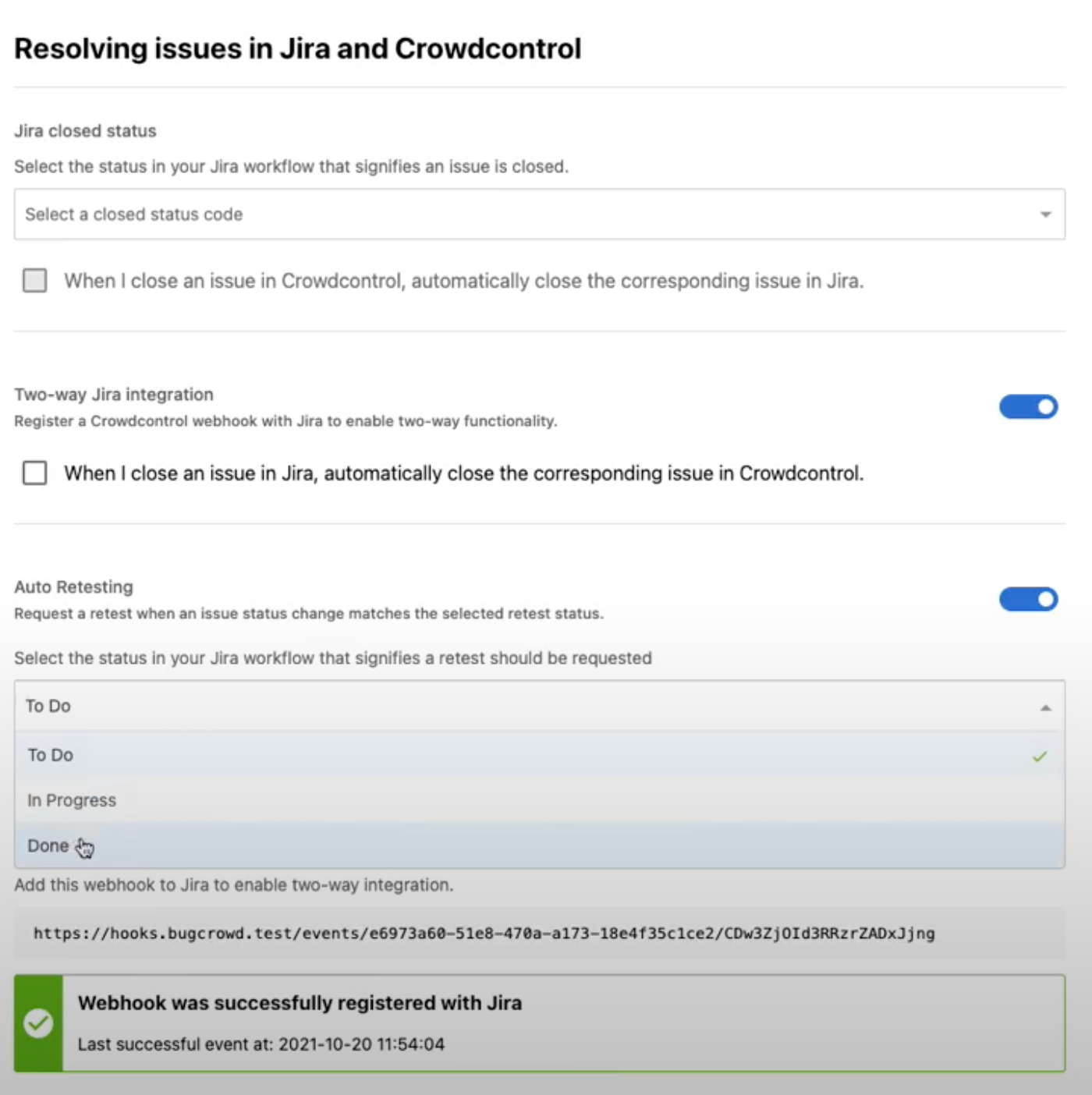 Select the status in your Jira workflow that must trigger a retest