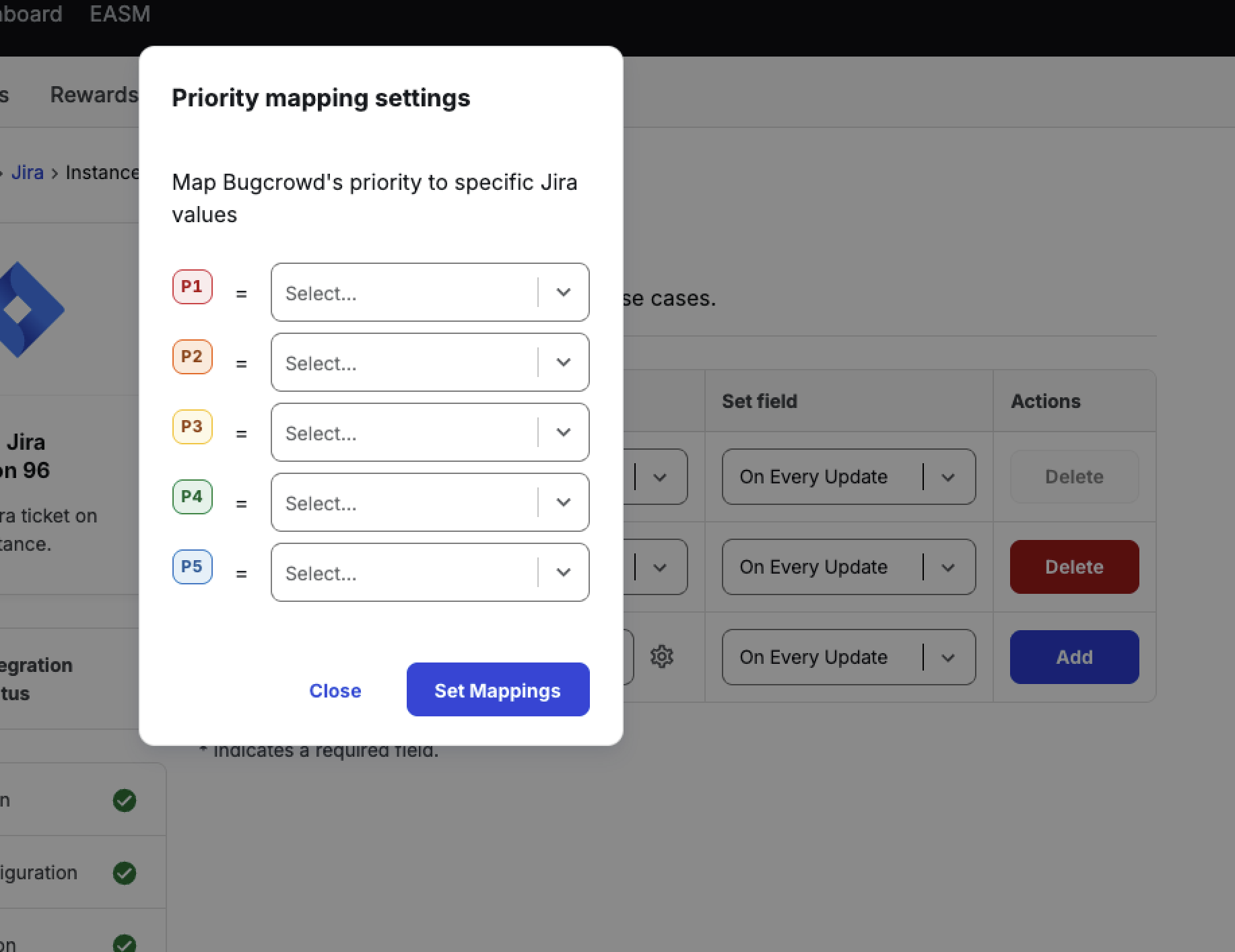 Priority mapping modal (empty)