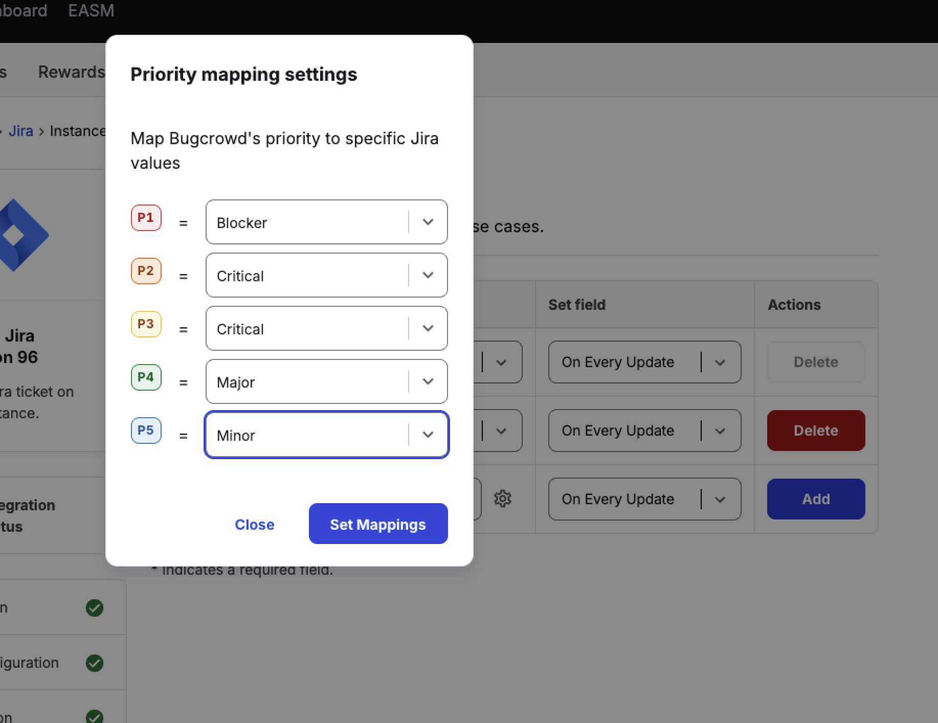 Priority mapping modal (selected values)