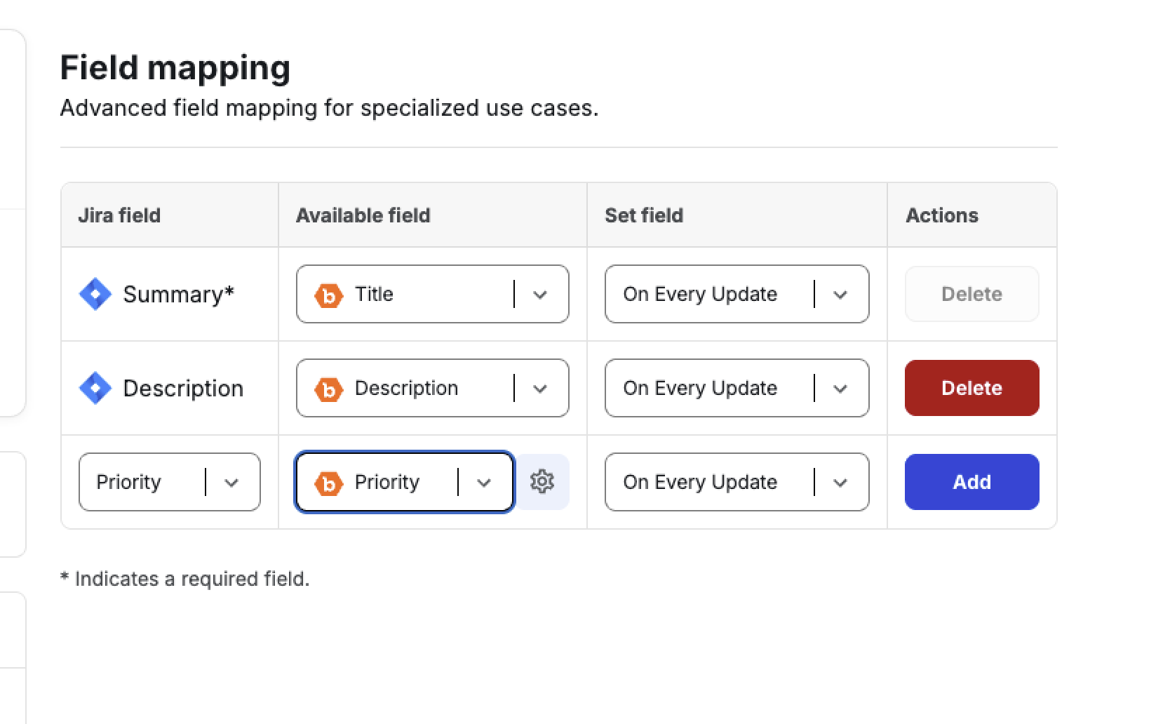 Priority mapping row with cog icon