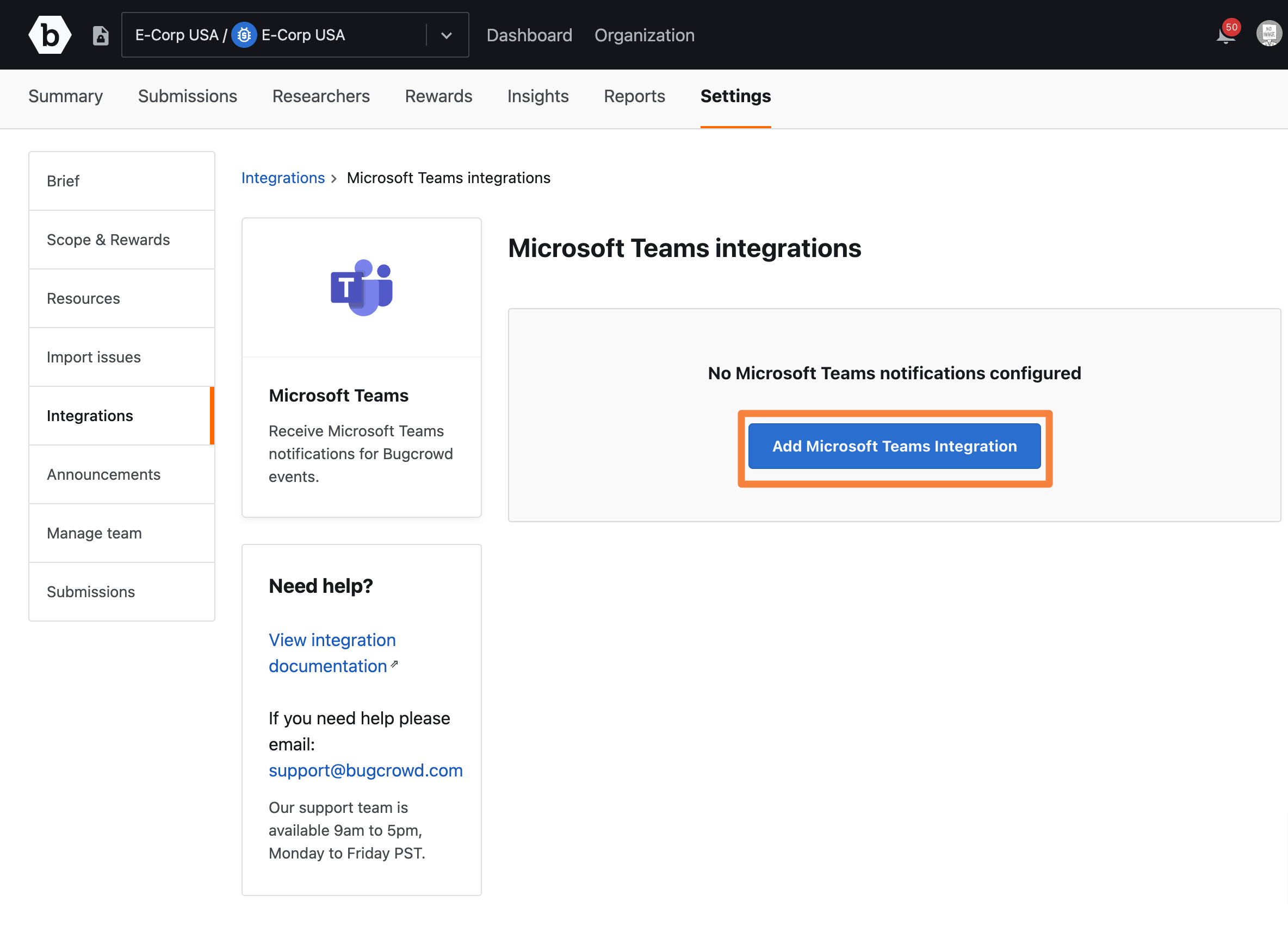 Click Add Microsoft Teams Integration
