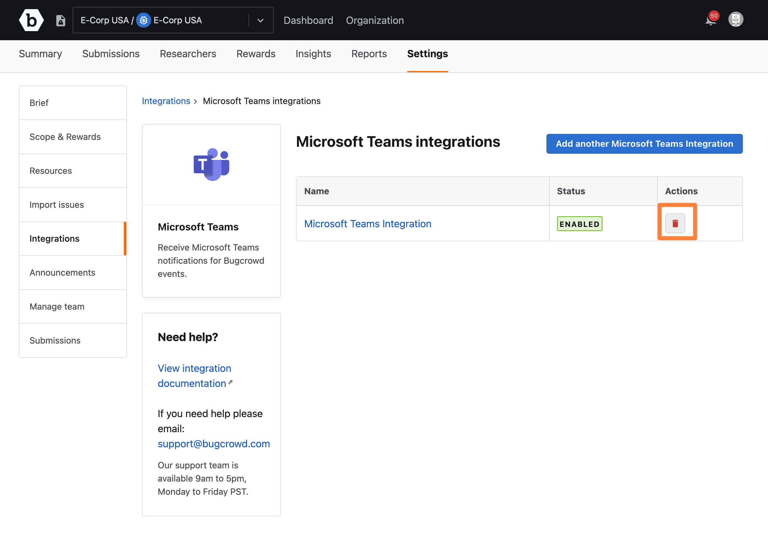Click the delete icon on the Microsoft Teams Integrations page