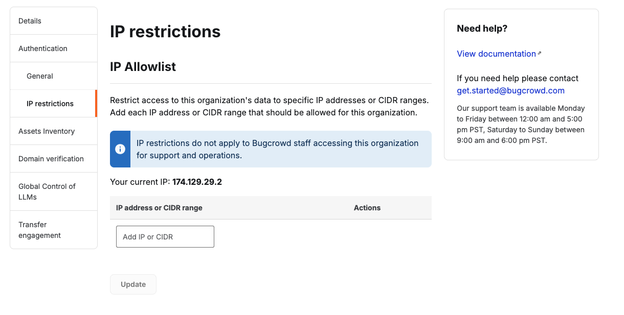 IP restrictions settings page