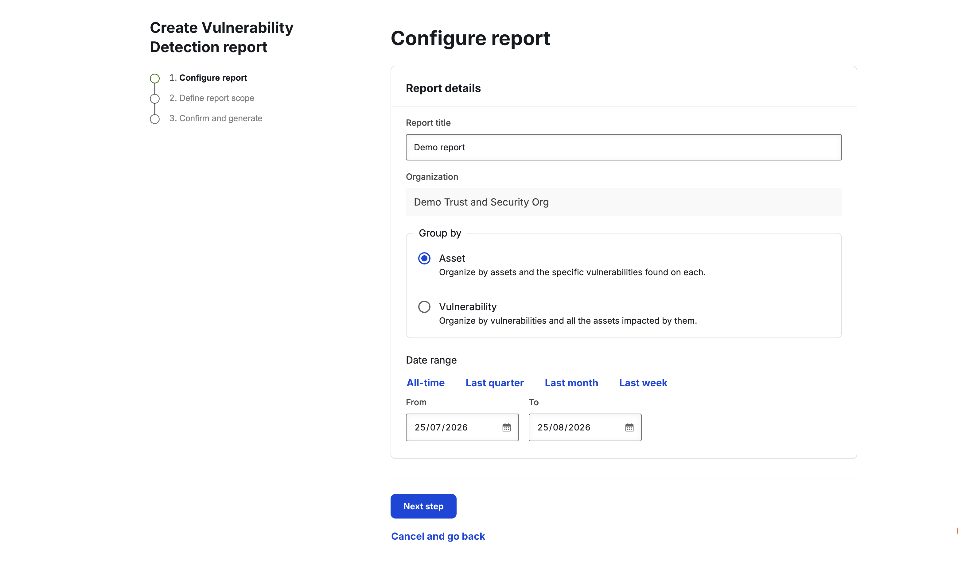 configure vulnerability detection report