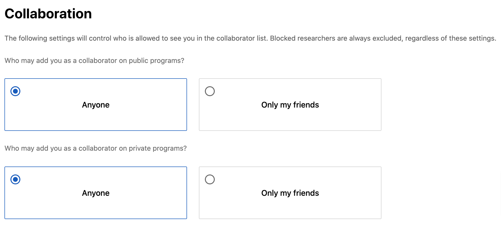 Select who can add you as a collaborator for public and private programs